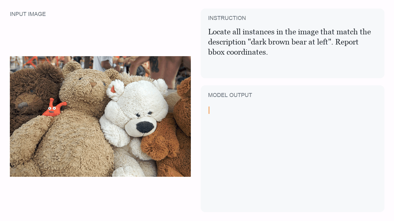 Recorded output for referring expression comprehension: dark brown bear at left